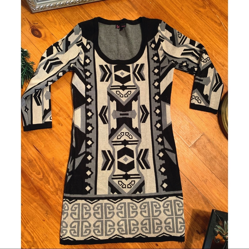 Tribal sweater dress with scoop neck